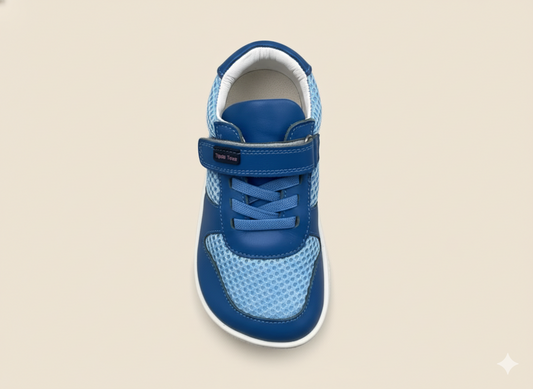 Senda PlayStep: zapatos barefoot infantiles de algodón y cuero. Ligeros, flexibles y con correa elástica para libertad y confort diario.