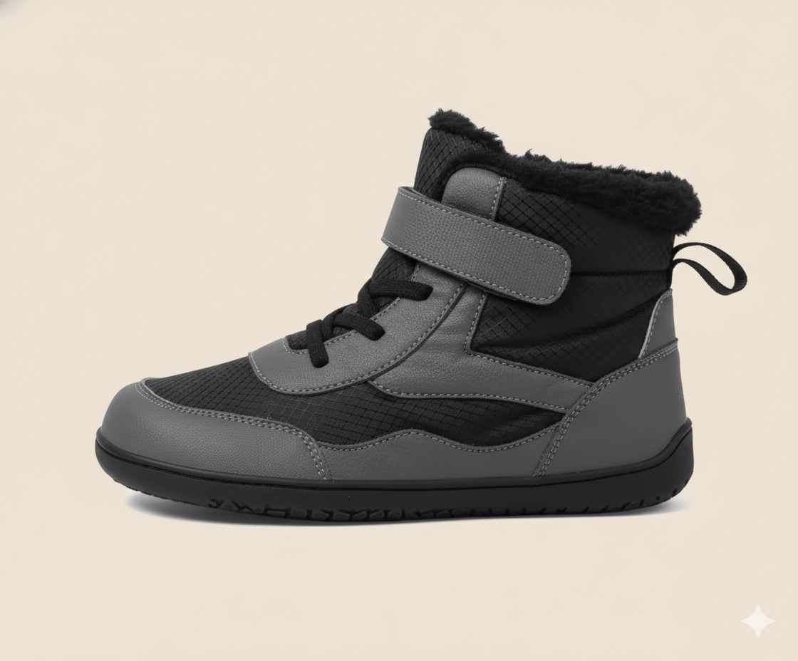 Botines barefoot Senda CozyKids – calidez y libertad infantil (Gris-Negro)