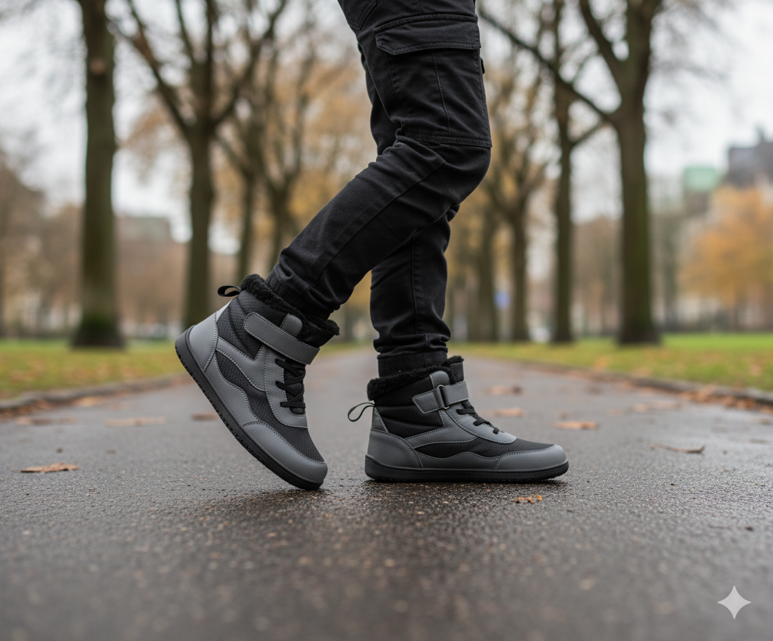 Senda CozyKids: botines barefoot infantiles de microfibra y felpa. Cálidos, ligeros y flexibles. Puntera ancha y suela antideslizante para invierno.