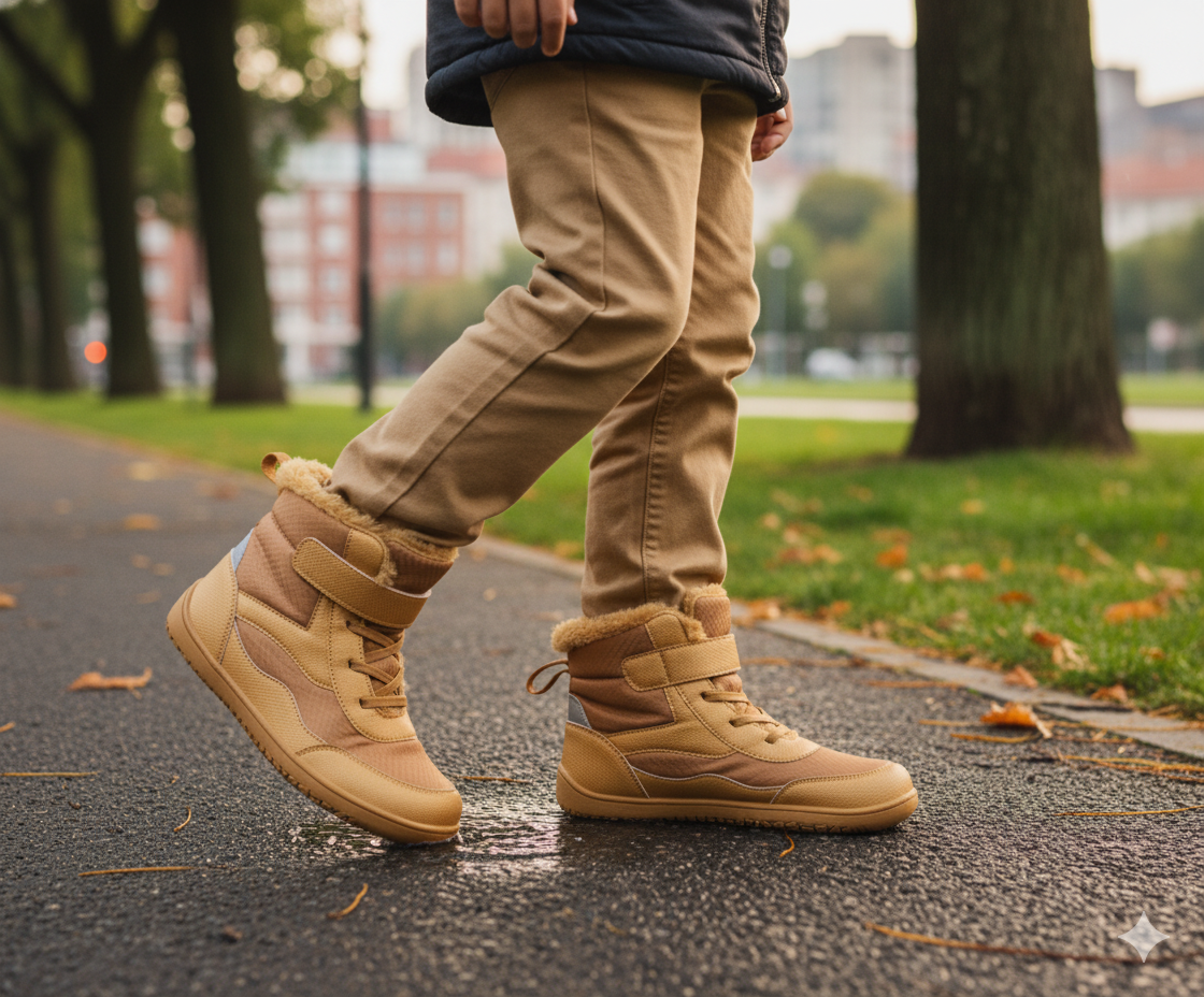 Senda CozyKids: botines barefoot infantiles de microfibra y felpa. Cálidos, ligeros y flexibles. Puntera ancha y suela antideslizante para invierno.