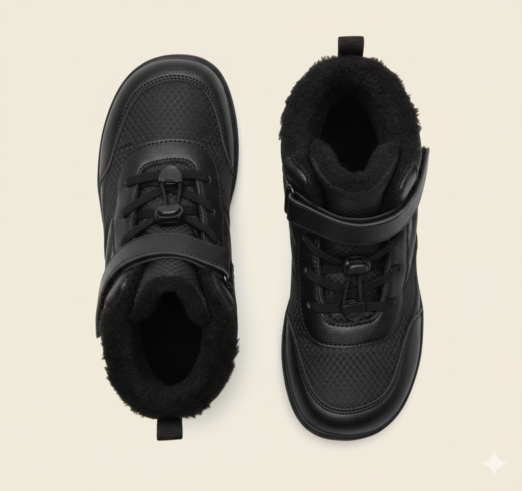 Senda CozyKids: botines barefoot infantiles de microfibra y felpa. Cálidos, ligeros y flexibles. Puntera ancha y suela antideslizante para invierno.