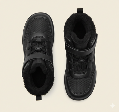 Senda CozyKids: botines barefoot infantiles de microfibra y felpa. Cálidos, ligeros y flexibles. Puntera ancha y suela antideslizante para invierno.