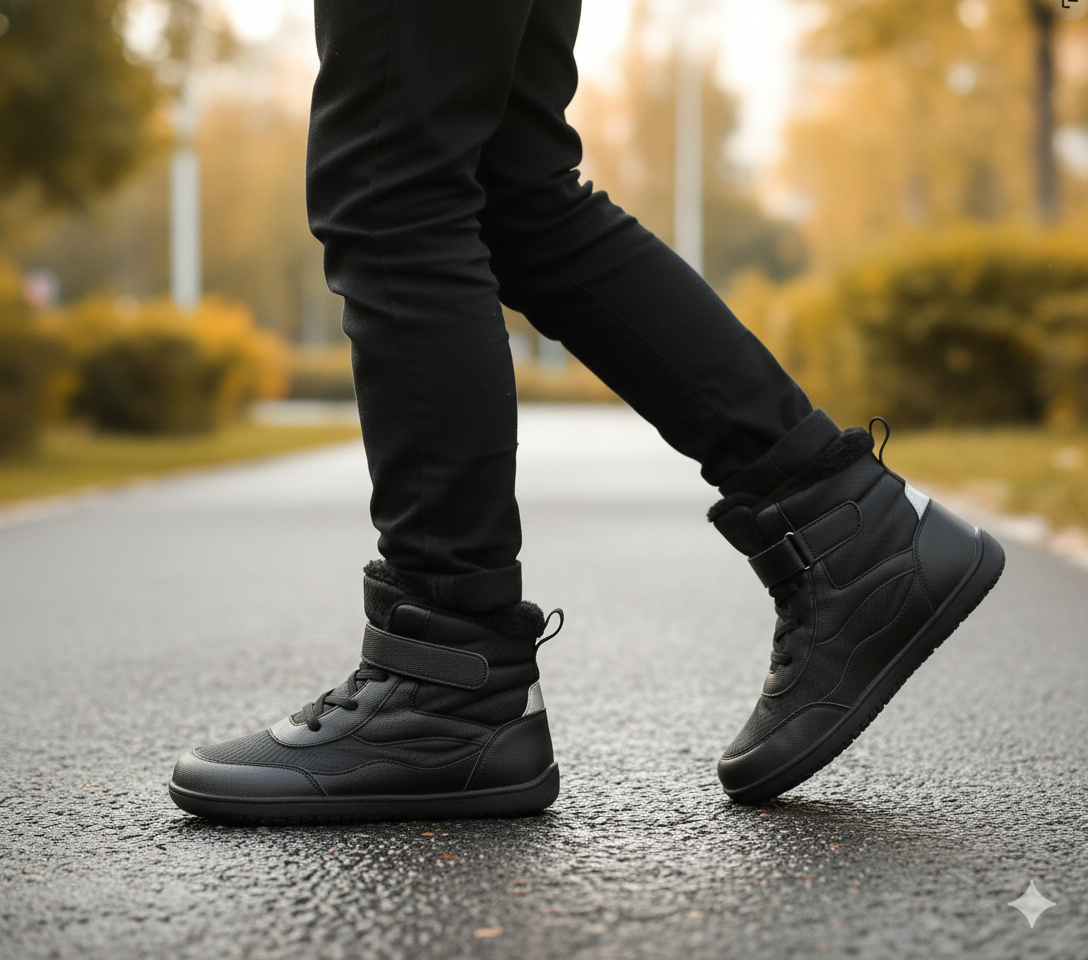 Senda CozyKids: botines barefoot infantiles de microfibra y felpa. Cálidos, ligeros y flexibles. Puntera ancha y suela antideslizante para invierno.