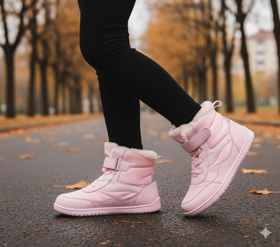 Senda CozyKids: botines barefoot infantiles de microfibra y felpa. Cálidos, ligeros y flexibles. Puntera ancha y suela antideslizante para invierno.