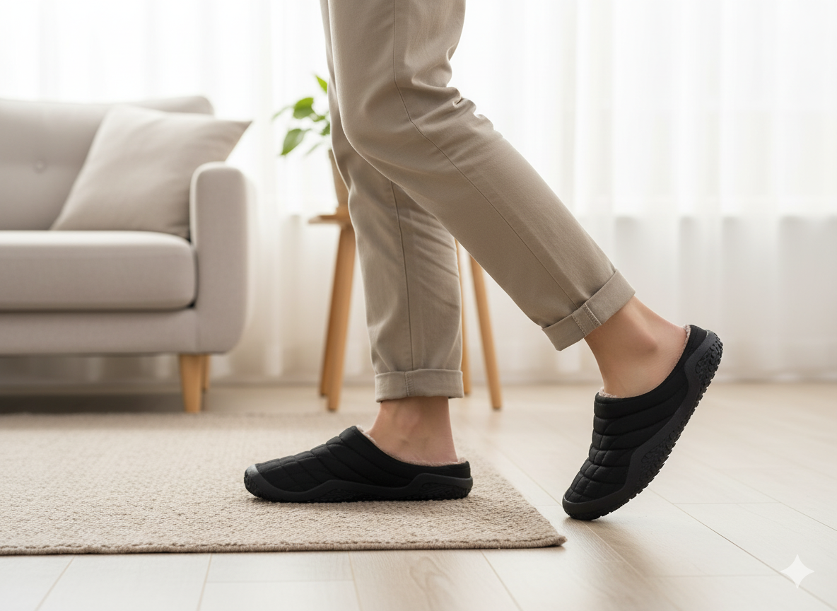 Senda WarmStep: zapatillas barefoot unisex para casa. Calidez, suavidad y libertad con suela flexible de EVA y felpa corta transpirable.