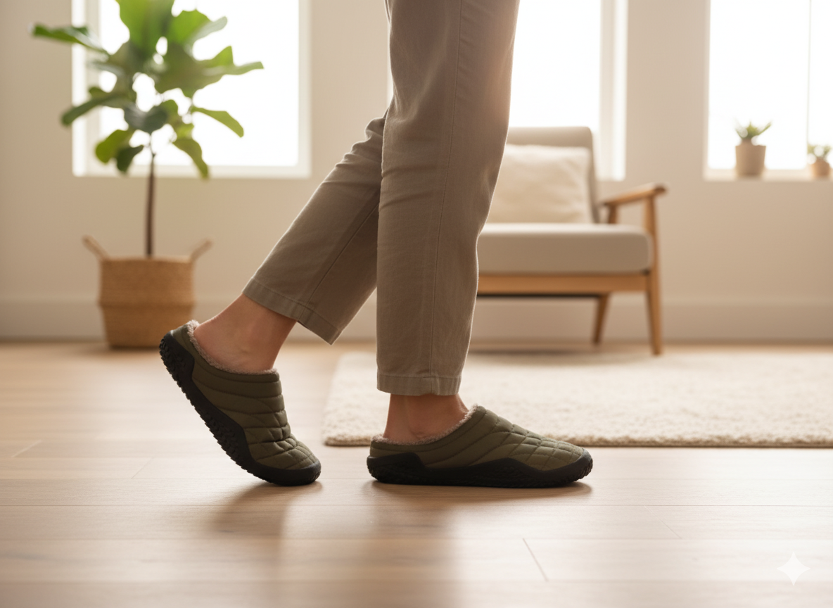 Senda WarmStep: zapatillas barefoot unisex para casa. Calidez, suavidad y libertad con suela flexible de EVA y felpa corta transpirable.