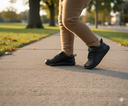 Senda DuoStep: zapatos barefoot de cuero genuino hechos a mano. Doble correa, suela flexible y confort natural para niños y niñas.