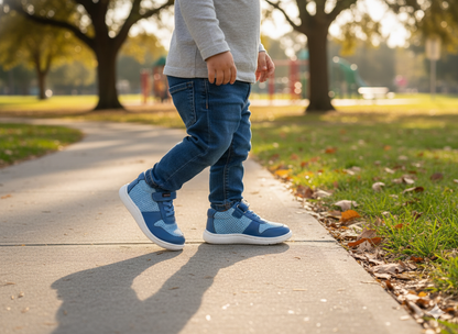 Senda PlayStep: zapatos barefoot infantiles de algodón y cuero. Ligeros, flexibles y con correa elástica para libertad y confort diario.