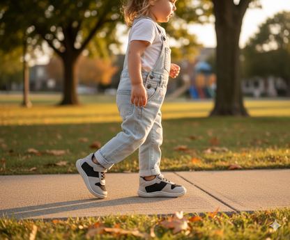 Senda PlayStep: zapatos barefoot infantiles de algodón y cuero. Ligeros, flexibles y con correa elástica para libertad y confort diario.
