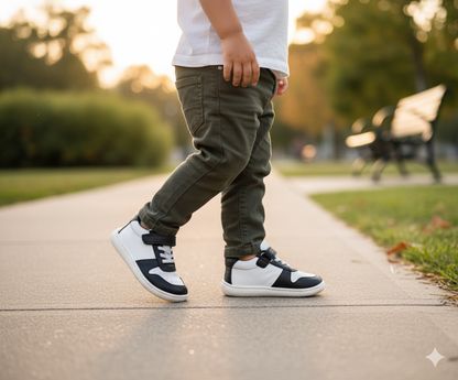 Senda PlayStep: zapatos barefoot infantiles de algodón y cuero. Ligeros, flexibles y con correa elástica para libertad y confort diario.