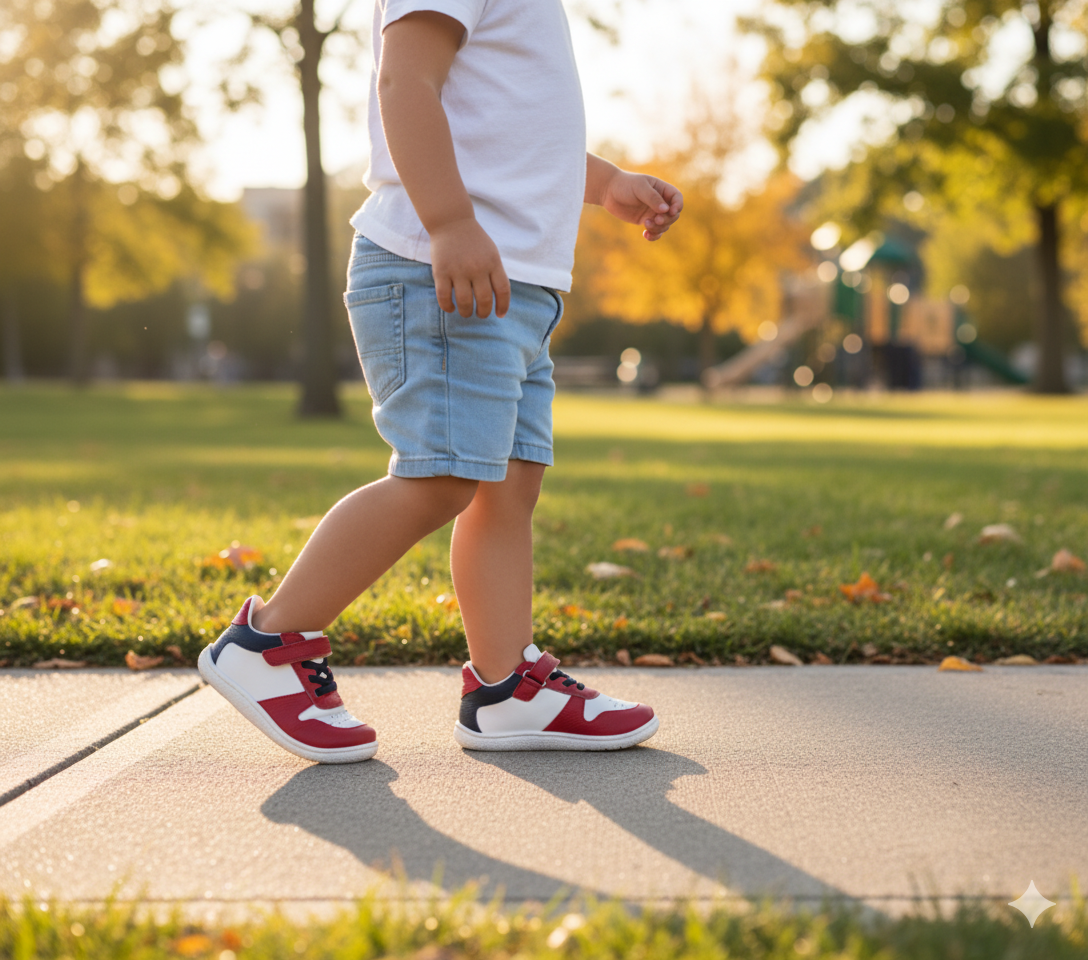 Senda PlayStep: zapatos barefoot infantiles de algodón y cuero. Ligeros, flexibles y con correa elástica para libertad y confort diario.