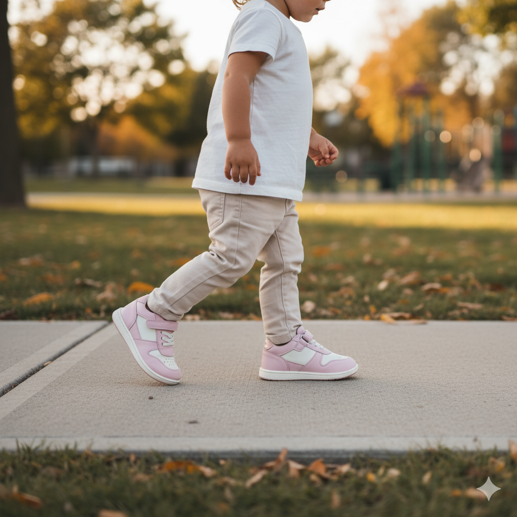 Senda PlayStep: zapatos barefoot infantiles de algodón y cuero. Ligeros, flexibles y con correa elástica para libertad y confort diario.